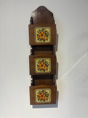 Vintage Wooden Wall Pocket Organizer with Yellow Floral Tiles